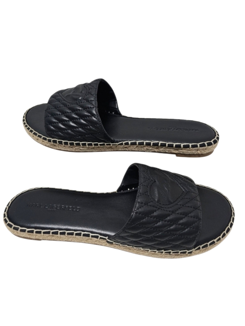 Karl Lagerfeld Paris Colette Quilted Spadrille Black Leather Slides Sandals Sz 9 - Picture 1 of 5